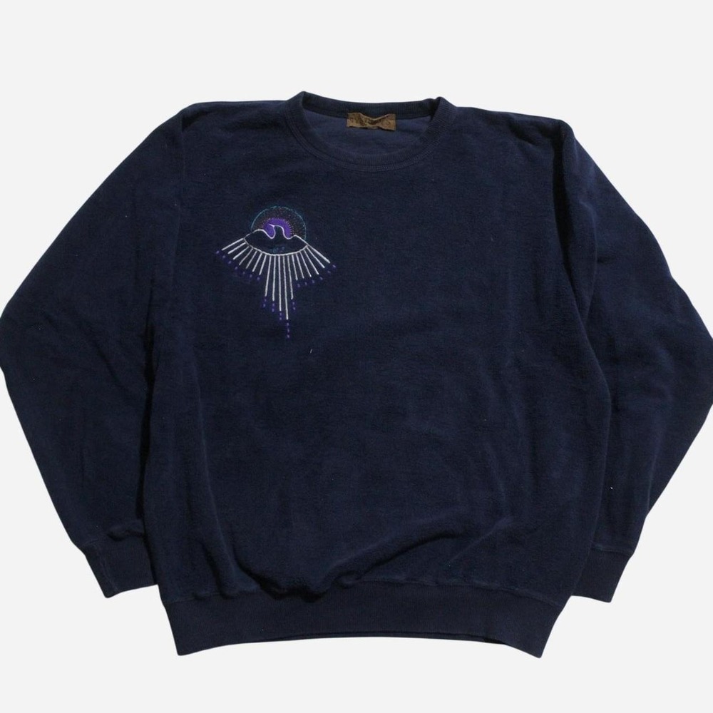 Men Vintage Streetwear Sportswear Symbols Embroidered Fleece Crewneck Sweatshirt